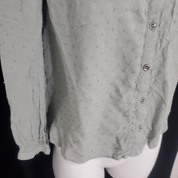 Paper & Crane Dot Fabric and Lace Button Up Blouse Sage Green Long Sleeve Sz. S - Picture 5 of 14